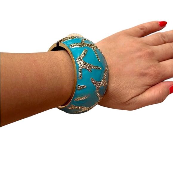 Sequin Blue Coral Rhinestone Wide Hinged Clamper Bangle NWT - Picture 7 of 7